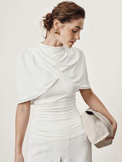 Aalyst Women's Fashion Criss-Cross Draped Waist Ruched Design Casual Date Vintage Elegant Daily Commute Blouse T-Shirt, Summer