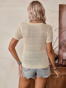 SHEIN LilyWest 女士刺绣花卉镂空宽松针织休闲蝙蝠袖毛衣上衣 - 杏色 - 查看 2