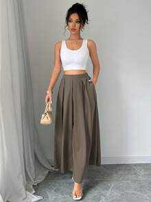 Rafferiza Tall 女士纯色褶裥口袋休闲百搭约会外出A字裙 - 卡其色 - 查看 4