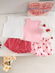 SHEIN Genkimix Kids 4pcs/Set Young Girl Sweet Cherry & Strawberry Print Camisole Top And Strawberry Plaid Ruffle Hem Shorts, Fresh Summer Vacation Style, Suitable For Beach, Travel And Other Summer Occasions - White - View 2