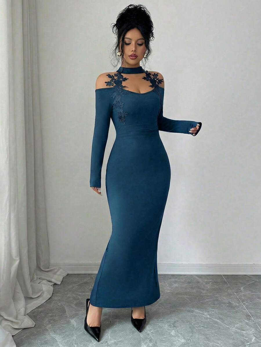 Elenzga Rochie elegantă, sexy, mulată, pentru femei, pentru petrecere de nuntă, cu mânecă lungă și guler înalt, cu model patchwork din dantelă, culoare solidă, toamnă/iarnă - imagine 7
