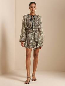 SHEIN Veneréa Elegant Vintage Snake Skin Print Waist Tie Bow Long Sleeve Ruffle Hem Animal Print Short Dress For Women - Multicolor - View 5