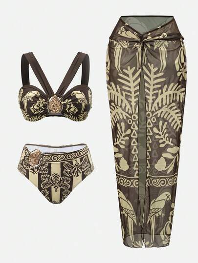 Swim Oasis Women's Summer Beach Parrot Print Metal Decor Fashionable Bikini Set With Coverup And Skirt