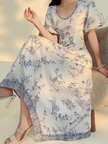 DAZY Women's Graphic Print Round Neck Puff Sleeve Elegant Dress - Blue - View 3