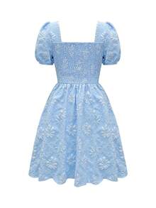 Elenzga 新款优雅法式甜美独特细节睡莲纹理面料褶皱收腰显瘦荷叶边下摆泡泡袖迷你连衣裙，蓝色，适合约会和日常穿着。 - 藍色 - 查看 2