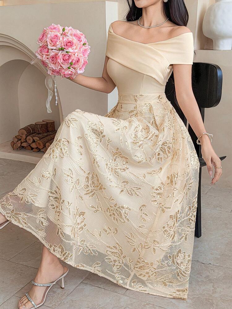 Women's Elegant Floral Patchwork Asymmetrical Shoulder Long Dress, Summer Wedding Guest Dress Sundress Cocktail Dress