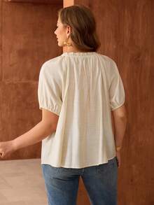 Roveilla Plus Size Women's Beige Summer Elegant Tea Party Blouse,Linen Round Neck Beaded Pleated Raglan Sleeve Loose Fit Elastic Cuff Tops,Vintage French Style - Apricot - View 2