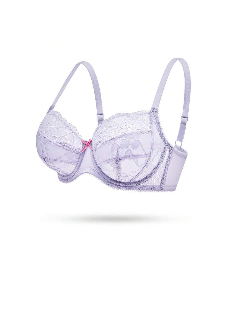 Lingerie de Cobertura Total Plus Size Lounge, Suporte Curvilíneo e Respirável, Sutiã Elegante de Renda Sem Bojo Minimizador Sexy em Roxo, Intimates Nupciais