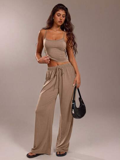 SHEIN Forever 21 Casual Vacation Loose Solid Color Summer Spaghetti Strap Backless Top And Pants Set