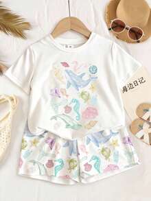 2件套，适合4-7岁女童，海洋主题水彩生物印花圆领短袖上衣+数码印花短裤，轻薄面料，可爱休闲短袖短裤套装，夏季沙滩装 - 彩色 - 查看 4