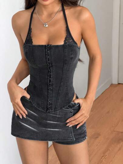 SHEIN ICON Áo sơ mi denim buộc dây cổ màu trơn dành cho nữ, kiểu dáng thường ngày.