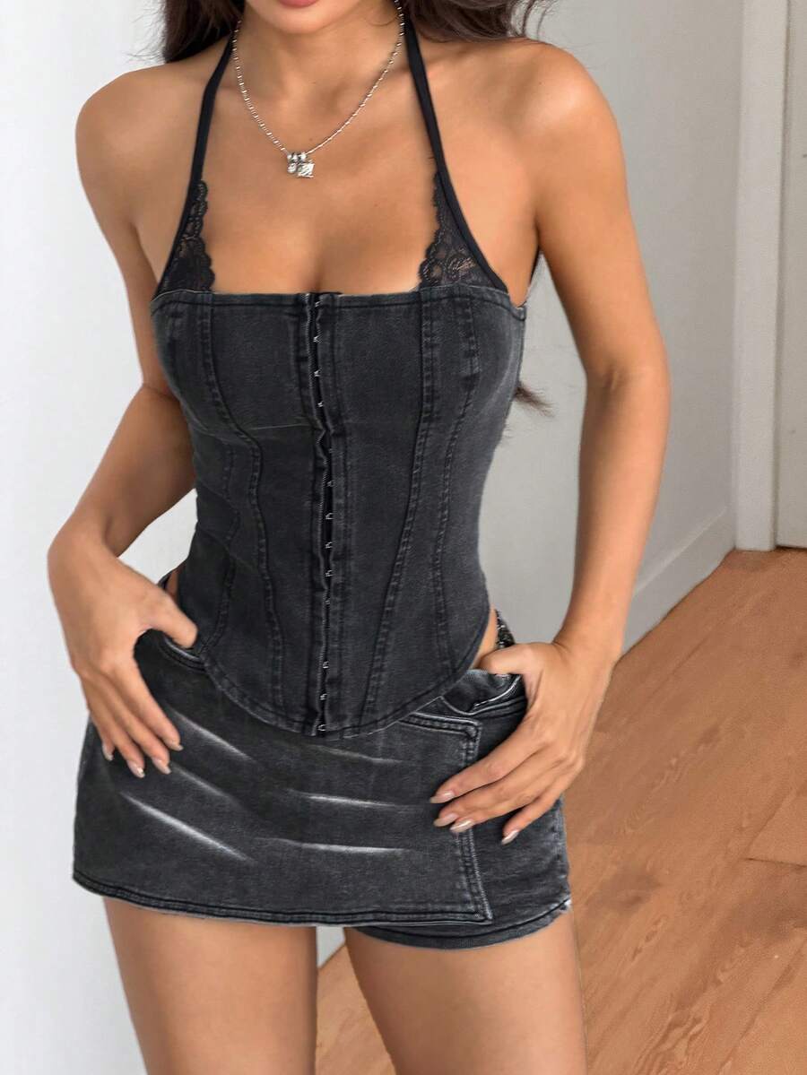 SHEIN ICON 女士纯色休闲露背系带牛仔衬衫 - 黑色 - 查看 1