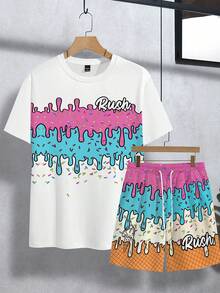 Manfinity RSRT Bộ đồ nam Rush Ice Cream Drip Print - Áo thun ngắn tay và quần short phối màu gradient, phong cách thể thao thường ngày 2 mảnh. - Nhiều màu - Xem 3