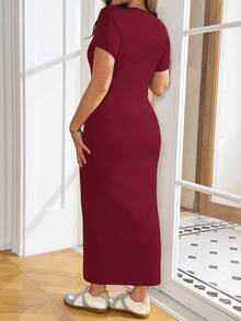SHEIN Essnce Đầm dài màu đen đơn giản, ôm sát, thoải mái, co giãn tốt, đa năng, dành cho nữ cỡ lớn, thời trang xuân thu, trang phục mùa thu, trang phục đi nhà thờ. - Đỏ - Xem 2