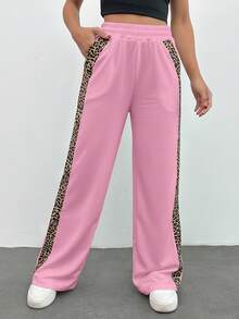 Leopard Trim Belly Detailed Long Wide Leg Black Pants - Baby Pink - View 4