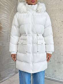 EURMUSE Long Padded Coat With Hoodie And Big Pocket - White - View 3