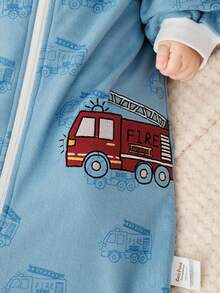 Cozy Pixies 一件式婴儿薄款长袖刺绣卡通消防车睡袋，适合春夏穿着，适合新生儿 - 藍色 - 查看 8