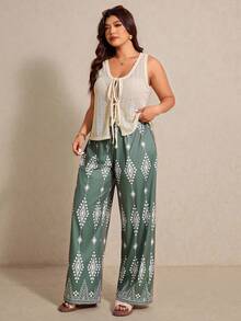 Elaquor 大码女装两件套：几何印花背心罩衫和裤子 - 彩色 - 查看 5