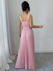 Elenzga 女士优雅褶皱吊带连衣裙 - 粉色 - 查看 2