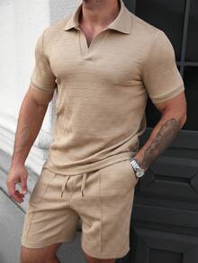 Manfinity Homme 2pcs Men's Comfortable Geometric Embossed Polo Shirt And Drawstring Elastic Waist Shorts Set, Casual For Vacation, Party, Hangout, Sports, Office, Classic Japanese Style Outfit, Spring/Autumn, Great For Self-Wear Or Gift - Khaki - View 5