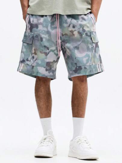 SUMWON Tie Dye Camouflage Cargo Shorts With Pink Contrast Stripes And Multiple Pockets For Summer Streetwear Casual Wear