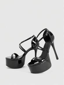 CUCCOO LuxiPop Black High Heel Sandals, Waterproof Platform Thick Sole Women's Sandals, Sexy Fashion Nightclub Style, Suitable For Christmas Party Valentine's Day - Black - View 7