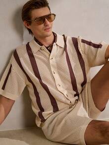 Manfinity Homme 男士条纹图案纽扣前开襟短袖上衣和短裤针织衫套装 - 彩色 - 查看 4