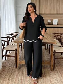 Weeklong Plus Size Women Contrast Color Ruffle Trim Casual 2 Pieces Set, Spring/Summer Black Blouses For Women