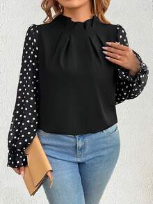 EMERY ROSE 大码女式纯色立领褶皱雪纺波点泡泡袖荷叶边下摆复古优雅休闲衬衫，春夏新款 - 黑色 - 查看 7