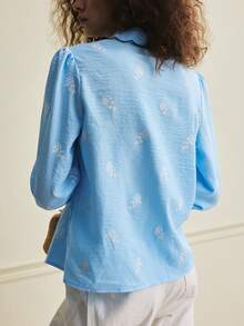 Écloséra 日常百搭通勤休闲衬衫，蕾丝领，长袖，印花，春夏女式上衣，衬衫，春假，优雅女式上衣，优雅女式衬衫，女士度假，衬衫，女士碎花上衣，衬衫，蓝色上衣，衬衫，女士休闲上衣，女士亚麻衬衫，女士蓝色衬衫，夏季衬衫，女士纽扣衬衫，女士浅蓝色衬衫 - 藍色 - 查看 6