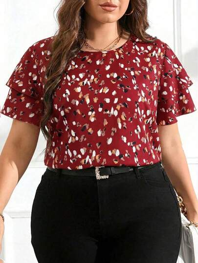 Reflora Elegant Plus Size Round Neck Double Layer Sleeve Geometric Polka Dot Print Loose Blouse