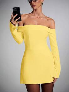 SHEIN BAE Blazer Wanita Polos Minimalis Tanpa Bahu, Cocok untuk Pakaian Sehari-hari - Kuning - View 5