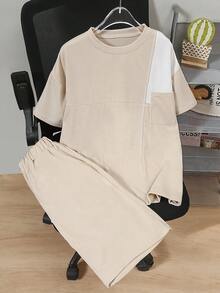 2pcs/Set Teenage Boys' Spring/Summer New Design Contrast Color Short Sleeve T-Shirt And Shorts Sports Casual Outfit - Khaki - View 5
