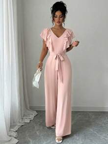 SHEIN Elenzya Mono elegante y sofisticado para mujer con volantes en la cintura, sin mangas y de estilo romántico - Rosa coral - Ver 3