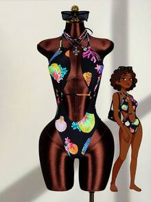 Zestiva 1pc Women's Sexy Hollow Cross Halter Nylon Printed One-Piece Swimsuit, Spring/Summer - Black - View 3