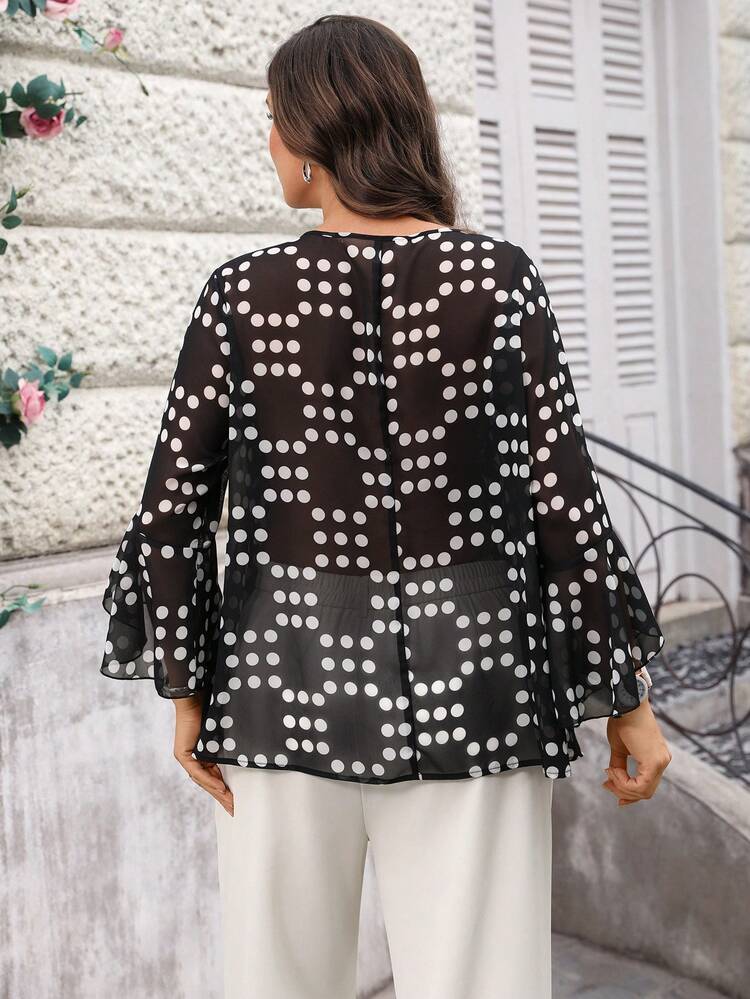 Plus Size Women Polka Dot Print Ruffle Sleeve Loose Blouse For Summer/ Vacation, Women's Casual Tops Plus Size Women Blouse Bell Sleeve Top Plus Black And White Blouse Plus Size Casual Tops Lantern Sleeve Blouse, Summer Tops
