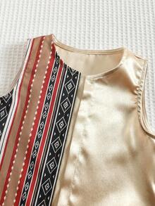 SHEIN Baby Boy Colorful Geometric Retro Pattern Vest Jacket With Elastic Waist Lantern Pants Set, Suitable For Formal Occasions, Birthday Parties, Raves, Galas, Performances, Weddings, Baby Showers, And 1st Birthday Celebrations