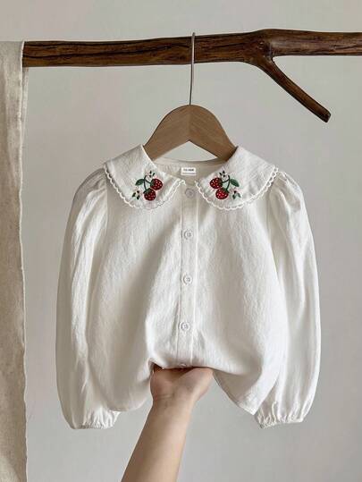 LMoss Kids Cămașă casual cu guler Peter Pan, țesătură solidă, pentru bebeluși, fetiță, cămașă cu mânecă lungă și model de căpșuni