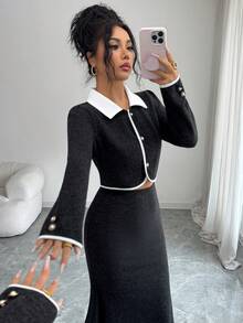 Elenzga Bộ 2 món gồm áo sơ mi cổ bẻ phối màu tương phản, kiểu dáng thanh lịch, thích hợp cho công sở và chân váy đuôi cá cạp chun. - Đen và trắng - Xem 3