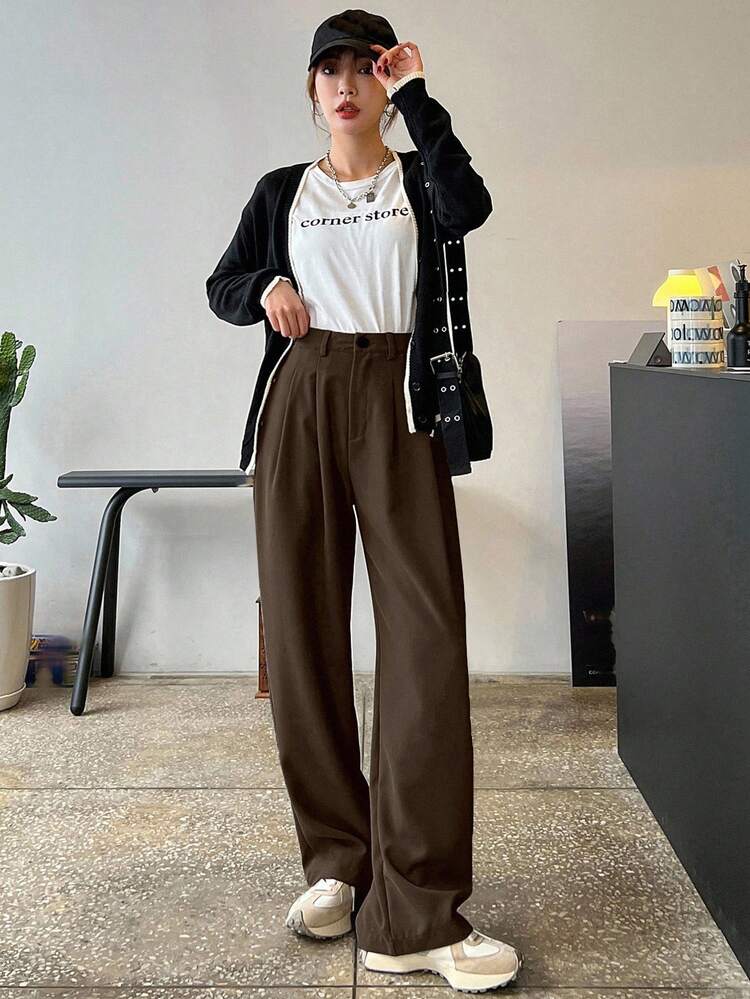 Casual Business Style Pleated Slant Pocket Loose Straight Leg Pants
