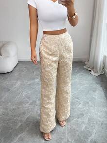 SHEIN Elenzya Quần ống loe jacquard không co giãn, thanh lịch dành cho nữ, thích hợp mặc hàng ngày. - Màu be - Xem 5