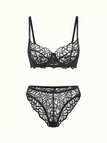 Bonmuse 2pcs/Set Women's Sexy Lingerie, Black Lace Floral Bra Set With Adjustable Straps, Sexy Bra, Valentine's Day Gift - Black - View 1