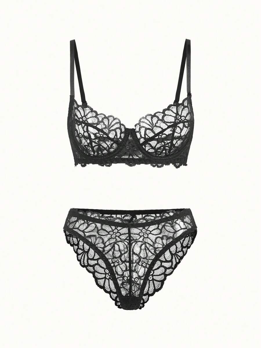 Bonmuse 2pcs/Set Women's Sexy Lingerie, Black Lace Floral Bra Set With Adjustable Straps, Sexy Bra, Valentine's Day Gift - Black - View 1