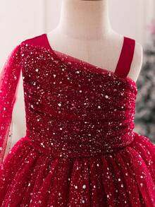 Glamorique Kids Girls' Burgundy Tulle Puff Skirt Dress With Silver Polka Dots, Spaghetti Strap, Shawl, Christmas, Halloween, Children's Day, Party, Birthday, High-End Dress - Burgundy - View 4