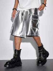 ROMWE MEN Street Life 男士纯色抽绳腰休闲工装短裤 - 銀色 - 查看 1