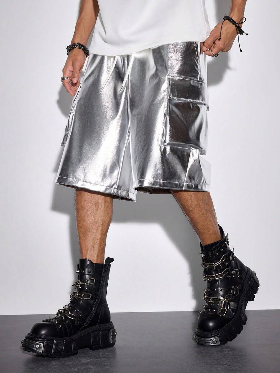 ROMWE MEN Street Life Pantalones cortos cargo casuales de unicolor con cordón en la cintura para hombres - Plateado - Ver 1