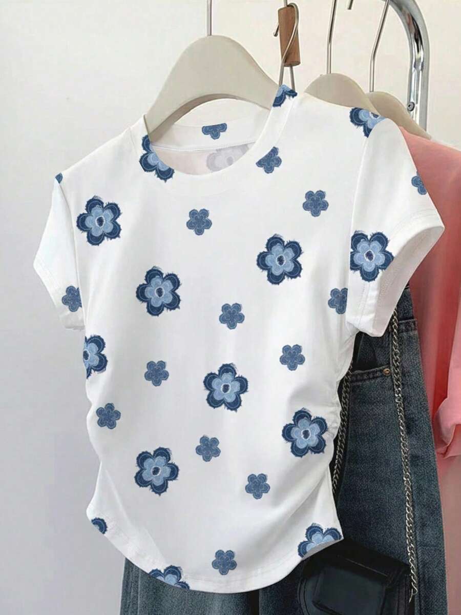 少女复古蓝色碎花侧边褶皱腰部短袖T恤,休闲百搭上衣 - 灰色 - 查看 1