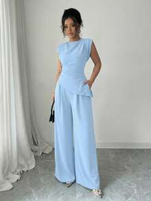 Rafferiza 2pcs/Set Women Solid Color Textured Pleated Round Neck Sleeveless Top - Baby Blue - View 4