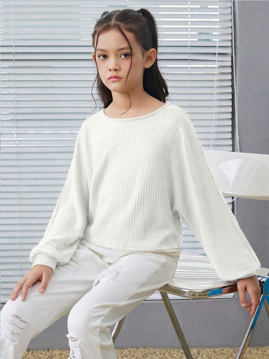 SHEIN Tween Girl 罗纹宽松复古短款长袖 T 恤 - 白色 - 查看 1