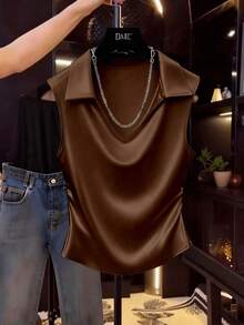 Franclia 女士短款塔夫绸上衣，侧边褶皱设计，垂褶领口+荷叶边领，适合日常通勤、优雅派对、新年假期等场合。 - 棕色 - 查看 4